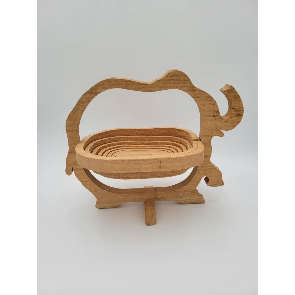 VTG Elephant Shaped‎ Collapsible Wooden Basket Folding Bowl USA